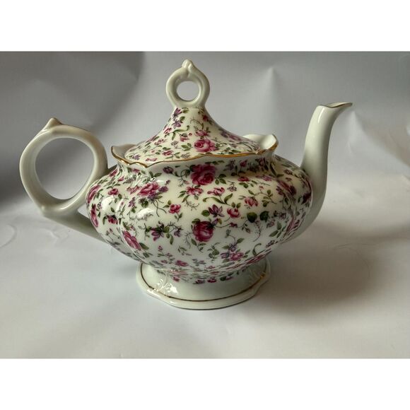The Singing Teapot – 1950s Lefton Rose Chintz Porcelain, Working Music Box - Picture 1 of 5